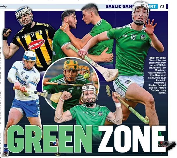  ??  ?? BEST OF 2020: Stars of the year (clockwise from top left) TJ Reid of Kilkenny, Tom Morrissey, Gearóid Hegarty, Kyle Hayes and Cian Lynch, all of Limerick, Waterford’s Stepheneph­en Ste Bennett andnd an the Treaty’s Dan Morrissey (centre)