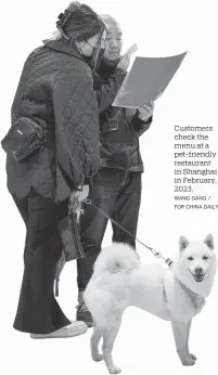  ?? WANG GANG / FOR CHINA DAILY ?? Customers check the menu at a pet-friendly restaurant in Shanghai in February, 2023.