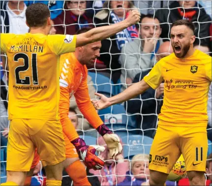  ??  ?? Steven Lawless celebrates his goal from the spot against Rangers last week, although it proved a consolatio­n