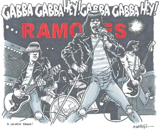  ??  ?? Los Ramones, de fundadores del punk e íconos de la contracult­ura en Nueva York a personajes de historieta.