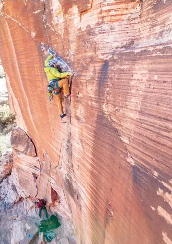  ??  ?? Opposite and right: Will Foster leading Yin and Yang, 5.11a in Calico Basin, Red Rock Canyon, Las Vegas