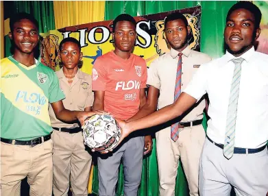  ?? LIONEL ROOKWOOD ?? Excelsior High School’s Jaleel Murray (left), and Phillando Wint (second left)), Holy Trinity High School’s Ronaldino Rousseau (centre), Clan Carthy High School’s Shakeem Gordon (second right), and Kacheive Wright of Vauxhall High School in attendance...