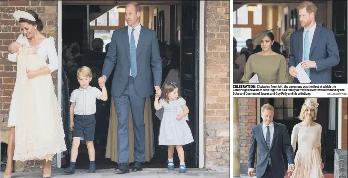  ?? PICTURES: PA WIRE. ?? CELEBRATIO­N: Clockwise from left, the ceremony was the first at which the Cambridges have been seen together as a family of five; the event was attended by the Duke and Duchess of Sussex and Guy Pelly and his wife Lizzy.