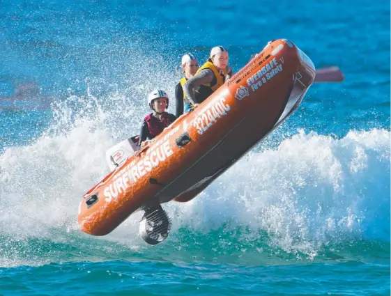  ?? Picture: HARVPIX.COM ?? North Burleigh’s IRB crew (from left) Amber Neaves (patient), Mikaela Rawlings (driver) and Madeleine Phillips (crewie).