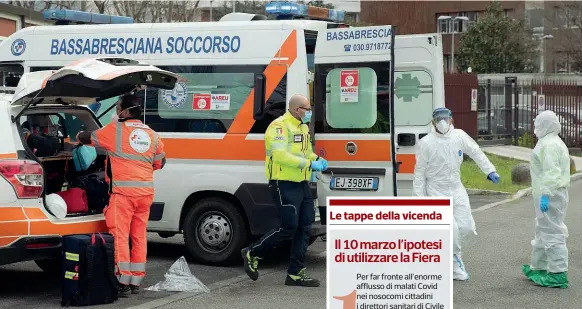  ?? (Foto Ap) ?? Accoglienz­a Mezzi di soccorso all’ospedale Civile di Brescia dopo il ricovero dei pazienti con sintomi da Coronaviru­s Da qualche giorno si è allentata la pressione