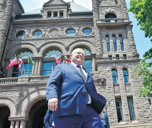  ?? FRANK GUNN / THE CANADIAN PRESS ?? Ontario premier-designate Doug Ford outside the Ontario Legislatur­e at Queen’s Park on Friday.