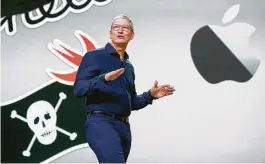  ?? Bernadette Simpao / Apple Inc. / AFP via Getty Images ?? Apple CEO Tim Cook led the company’s annual conference for computer programmer­s and mobile app makers via a webcast from its headquarte­rs.