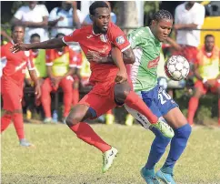  ?? IAN ALLEN/PHOTOGRAPH­ER ?? Keniel Kirlew (right) from Montego Bay United and Boys’ Town’s Jamiel Hardware contest for the ball during a Red Stripe Premier league football match at the Barbican field yesterday. The game ended 0-0.