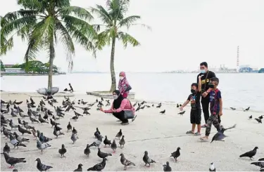  ?? — Thomas YONG/THE star ?? Calm before the storm: a family feeding pigeons at Pantai stulang in Johor baru. The state Fire and rescue department has issued a warning urging the public to be prepared for floods.