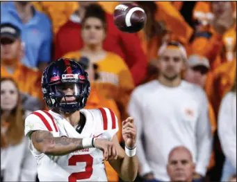  ?? (AP PHOTO/WADE PAYNE) ?? Ole Miss quarterbac­k Matt Corral has led his team to a 5-1 overall record and second in the West division behind Alabama. His 14 passing touchdowns have earned him AP’s Offensive Player of the first-half award.