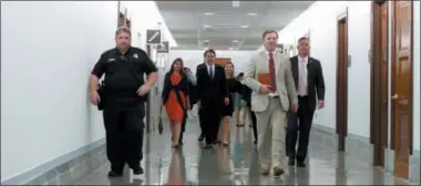  ?? AP PHOTO/ALEX BRANDON ?? Supreme Court nominee Brett Kavanaugh, center, arrives for a meeting with Sen. Mike Crapo, R-Idaho, on Capitol Hill, Wednesday, July 11, 2018in Washington.