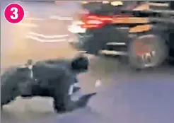  ??  ?? BADGE VS. BENZ: Officer Ian Wallace stands in front of a Mercedes in Times Square, before the car pushes him back and peels out.