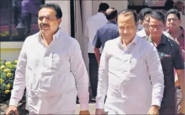  ?? ANSHUMAN POYREKAR/HT PHOTO ?? Deputy CM Ajit Pawar (right) with water resources minister Jayant Patil at Vidhan Bhavan on Saturday.