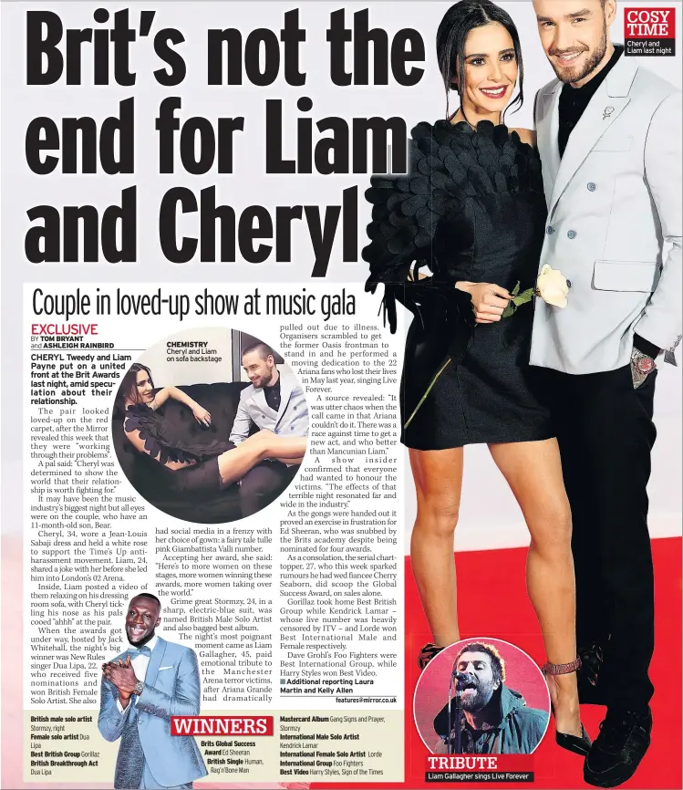  ??  ?? Cheryl and Liam last night