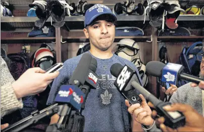  ?? CP PHOTO ?? Toronto Maple Leafs’ Nazem Kadri speaks to reporters in Toronto on Friday, April 27, 2018. NHL players say the legalizati­on of marijuana in Canada won’t change how they go about their business.