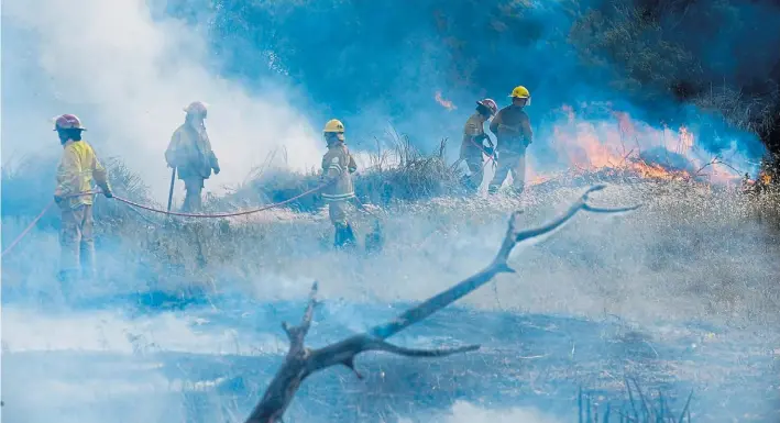  ?? ANDRÉS DELÍA ?? Combate. Más de tres horas necesitaro­n ayer dos dotaciones de bomberos para controlar, finalmente, el fuego que afectó la zona sur de Villa Gesell.