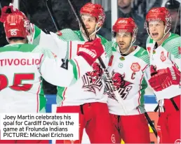  ??  ?? Joey Martin celebrates his goal for Cardiff Devils in the game at Frolunda Indians PICTURE: Michael Erichsen