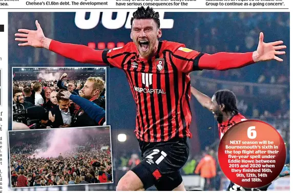  ?? REX ?? Party time: Bournemout­h super-sub Kieffer Moore celebrates his crucial goal while, inset, the celebratio­ns begin