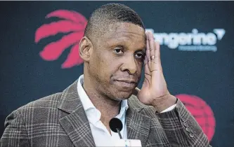  ?? BERNARD WEIL TORONTO STAR ?? Masai Ujiri wipes sweat as he talks to the media during a news conference about the DeMar DeRozan-Kawhi Leonard trade at Scotiabank Arena in Toronto on Friday.