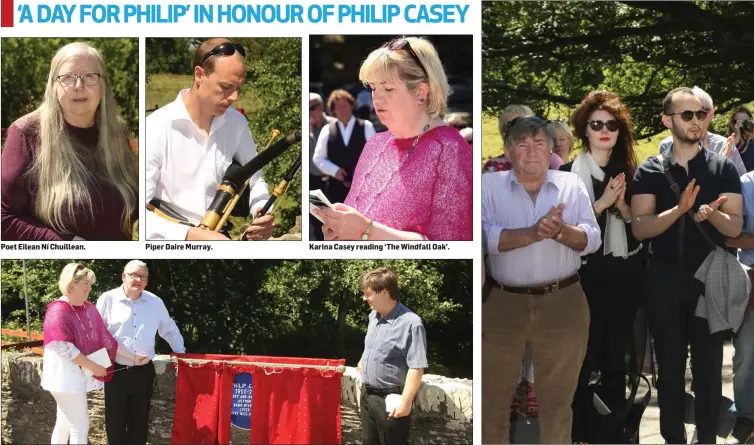  ??  ?? Poet Eilean Ní Chuillean. Piper Daire Murray. Karina Casey reading ‘The Windfall Oak’. Karina, Peter and John Casey unveiling the plaque at Grove Mill in honour of the late Philip Casey. Some of the attendance at the ‘Day for Philip’.