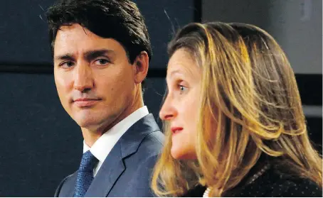  ?? PATRICK DOYLE/AFP/GETTY IMAGES FILES ?? Prime Minister Justin Trudeau and Foreign Affairs Minister Chrystia Freeland announce the new USMCA on Oct. 1. The USMCA is believed to have the strongest protection­s for intellectu­al property, which has frustrated critics who say they stifle innovation.