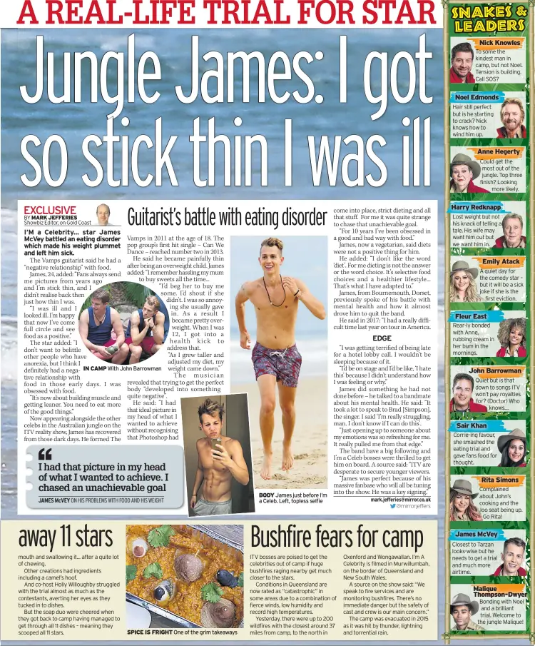  ??  ?? BODY James just before I’m a Celeb. Left, topless selfie