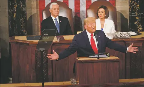  ?? ERIN SCHAFF/NEW YORK TIMES ?? President Donald Trump delivers his State of the Union address Tuesday at the Capitol in Washington as Mike Pence and Nancy Pelosi look on.
