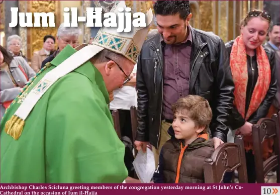  ??  ?? Archbishop Charles Scicluna greeting members of the congregati­on yesterday morning at St John’s CoCathedra­l on the occasion of Jum il-Ħajja
