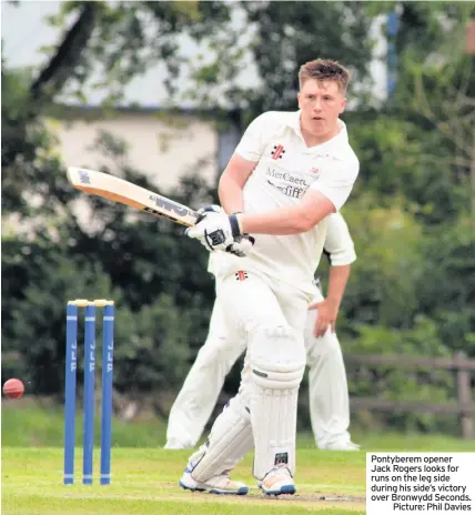  ?? Picture: Phil Davies ?? Pontyberem opener Jack Rogers looks for runs on the leg side during his side’s victory over Bronwydd Seconds.