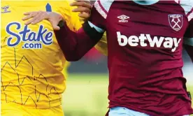  ?? Photograph: Javier García/Shuttersto­ck ?? Betting sponsors on the front of Everton’s and West Ham’s shirts during last Saturday’s Premier League match.