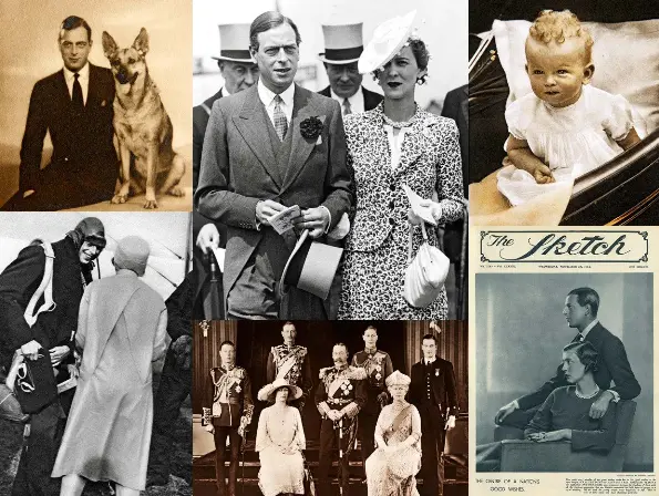  ??  ?? FROM TOP LEFT: The Duke of Kent with his dog, Dushka, in the 1920s; Prince George and his wife, Marina, at Ascot races in 1939; their son, Prince Edward, today’s Duke of Kent, in 1935; Prince George and Princess Marina on the cover of The Sketch, to mark their wedding in 1934; the royal family in 1925, with Prince George at right; the Duke of Kent about to fly back to London after an official visit to Yorkshire in 1929.