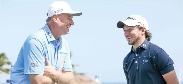  ?? Photo: PGA Australia ?? TIP FROM THE MASTER……Former world No.1 Ernie Els(left)with Australia golfer David Micheluzzi at the Natadola Bay Championsh­ip Golf Course on July 31, 2018. The duo will tee off with Lucas Herbert in day one of the Fiji Internatio­nal tomorrow.