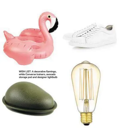  ??  ?? WISH LIST: A decorative flamingo, white Converse trainers, avocado storage pod and designer lightbulb