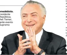  ?? DIDA SAMPAIO/ESTADÃO ?? Peemedebis­ta. O presidente da República, Michel Temer, durante evento no Supremo