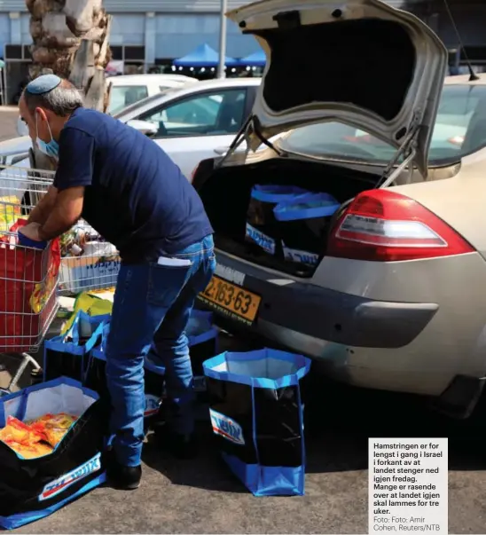  ?? Foto: Foto: Amir Cohen, Reuters/NTB ?? Hamstringe­n er for lengst i gang i Israel i forkant av at landet stenger ned igjen fredag.
Mange er rasende over at landet igjen skal lammes for tre uker.