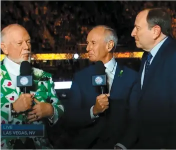  ?? PHOTO CAPTURE D’ÉCRAN CBC ?? Don Cherry (à gauche) lors de son interventi­on sur les ondes de CBC, mercredi, avec l’animateur de Hockey Night in Canada, Ron Mclean et Gary Bettman (à droite).