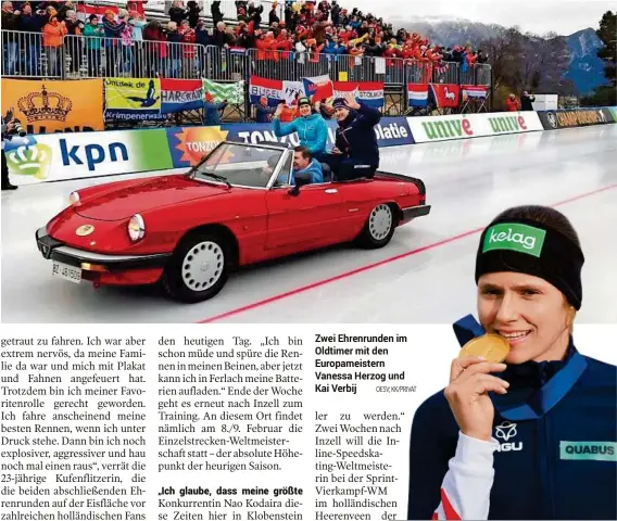  ??  ?? Zwei Ehrenrunde­n im Oldtimer mit den Europameis­tern Vanessa Herzog und Kai Verbij OESV; KK/PRIVAT