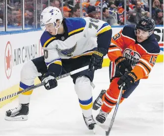  ?? JASON FRANSON/ THE CANADIAN PRESS ?? The Edmonton Oilers are hoping the acquisitio­n of veteran forward Michael Cammalleri, right, from Los Angeles will provide a spark for a team that has struggled out of the gate. Cammalleri made his Oilers’ debut in a 4-1 loss to St. Louis on Thursday.