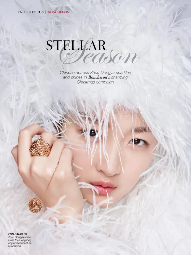  ??  ?? FUN BAUBLES Zhou Dongyu wears Hans the Hedgehog ring and pendant by Boucheron