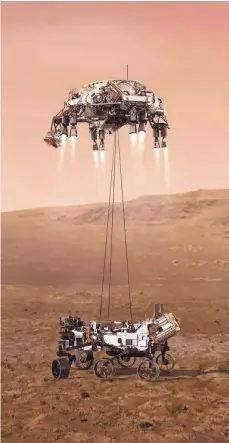  ?? FOTO: WELT/© NASA/JPL-CALTECH/OBS ?? Touchdown: So soll es laut Nasa-Illustrati­on aussehen, wenn der Rover „Perseveran­ce“auf dem Mars landet.