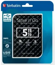  ??  ?? Verbatim bietet die Store’n’go mit 5 TB Kapazität an. Die Platte ist schnell, aber auch leistungsh­ungrig und wird schnell warm.