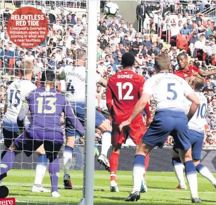  ??  ?? RELENTLESS RED TIDE Liverpool’s Georginio Wijnaldum opens the scoring in what was a near faultless display