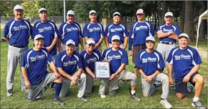  ?? SUBMITTED PHOTO ?? Members of the West Chester Wild, a Brandywine Valley Senior Softball Associatio­n team which recently won the ISSA Eastern USA 60 AA championsh­ip, include, from left, front row, Bob Ford, Gary Zimmerman, Larry Trout, Joe Bonavita, Jim Petro, and John...