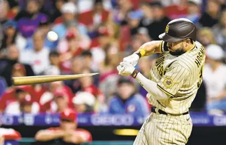  ?? DERIK HAMILTON AP ?? The Padres’ Eric Hosmer breaks his bat on a lineout during the sixth inning. He later got a hit and went 1-for-4 to put his average at .346.