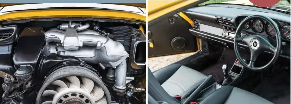  ??  ?? Engine is a 9m build and sports 9m’s billet heads, cams and Varioram conversion. Power is 330bhp – 30bhp up on the standard 993 RS. Right: Interior is RS authentic