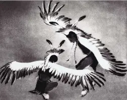  ??  ?? Gene Kloss, “Taos Eagle Dancers,” 1955, drypoint and aquatint, 10.75 x 13.75 inches.