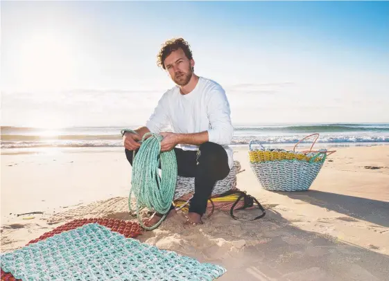  ??  ?? Former fisherman and Bond University student Neddy Van Dyck is making a living from turning fishing ropes into mats and baskets.