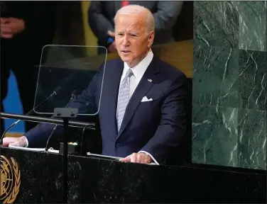 ?? (AP/Evan Vucci) ?? President Joe Biden addresses the 77th session of the United Nations General Assembly on Wednesday at the U.N. headquarte­rs. Stories circulatin­g online incorrectl­y claim Biden announced that he is adding the U.S. as a signatory to the United Nations “Small Arms Treaty,” which would “establish an internatio­nal gun control registry” in which other countries can “track the ‘end user’ of every rifle, shotgun, and handgun sold in the world.”