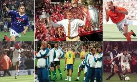  ?? Composite: Allsport/Getty Images/PA/Rex ?? It was a big year for Emmanuel Petit, Arsène Wenger, Dennis Bergkamp, Michael Owen, Ronaldo and Ian Wright.