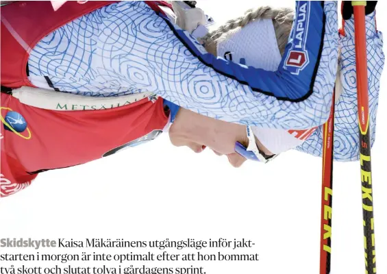  ?? FOTO: LEHTIKUVA / HEIKKI
SAUKKOMAA ?? TUNG INLEDNING. Kaisa Mäkäräinen fick inte den inledning på sitt individuel­la VM som hon hade hoppats poå.